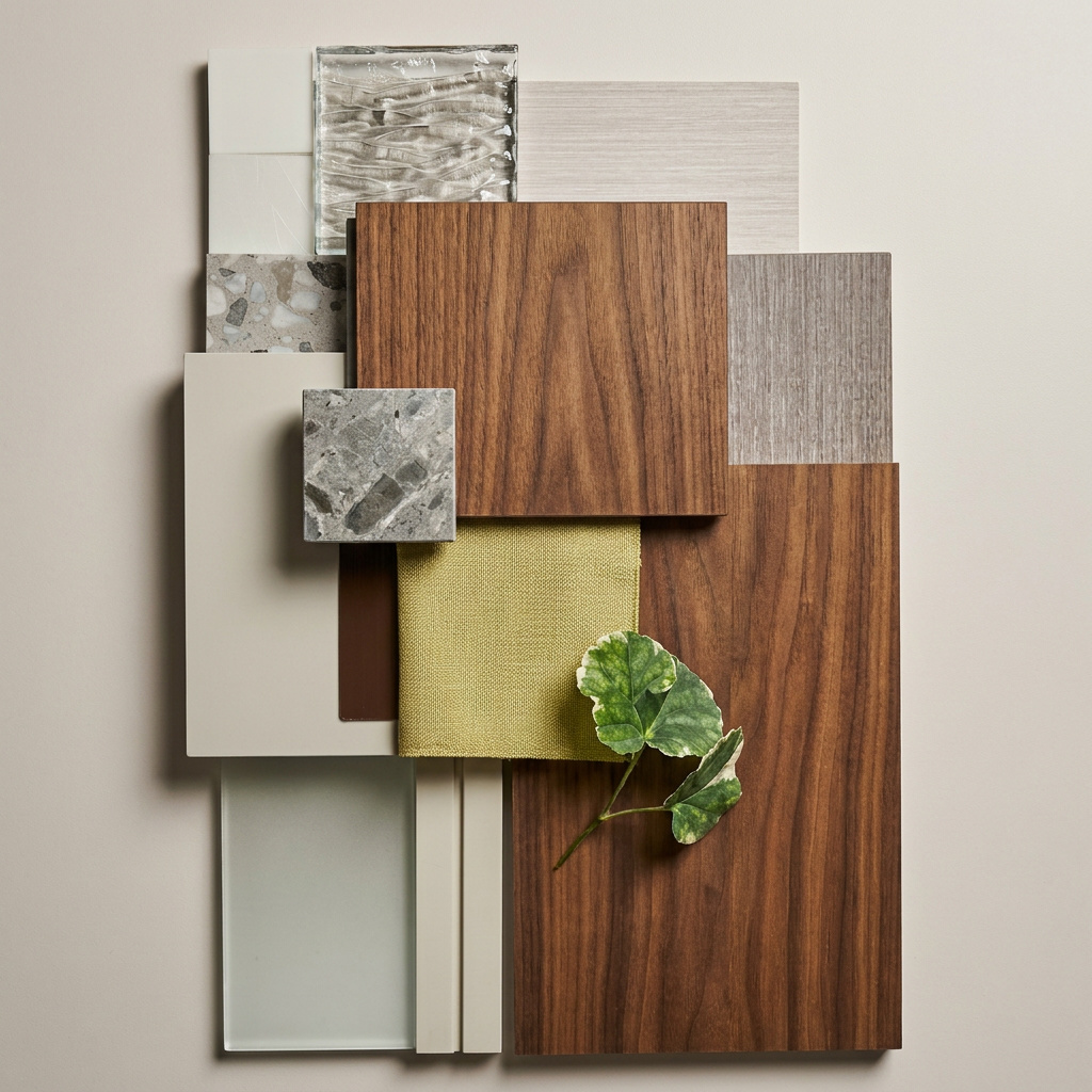 Artwill moodboard flatlay: wood, stone, fabric, and glass material samples arranged for a project