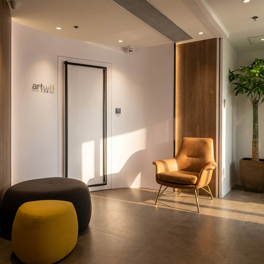 Artwill reception entrance in Wan Chai with the artwill wordmark sign