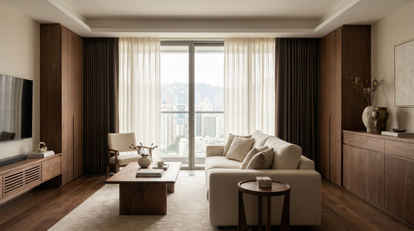 Motorised curtains at the floor-to-ceiling window of a Hong Kong living room, where the pelmet hides the track and motor head inside the ceiling for a clean top line.
