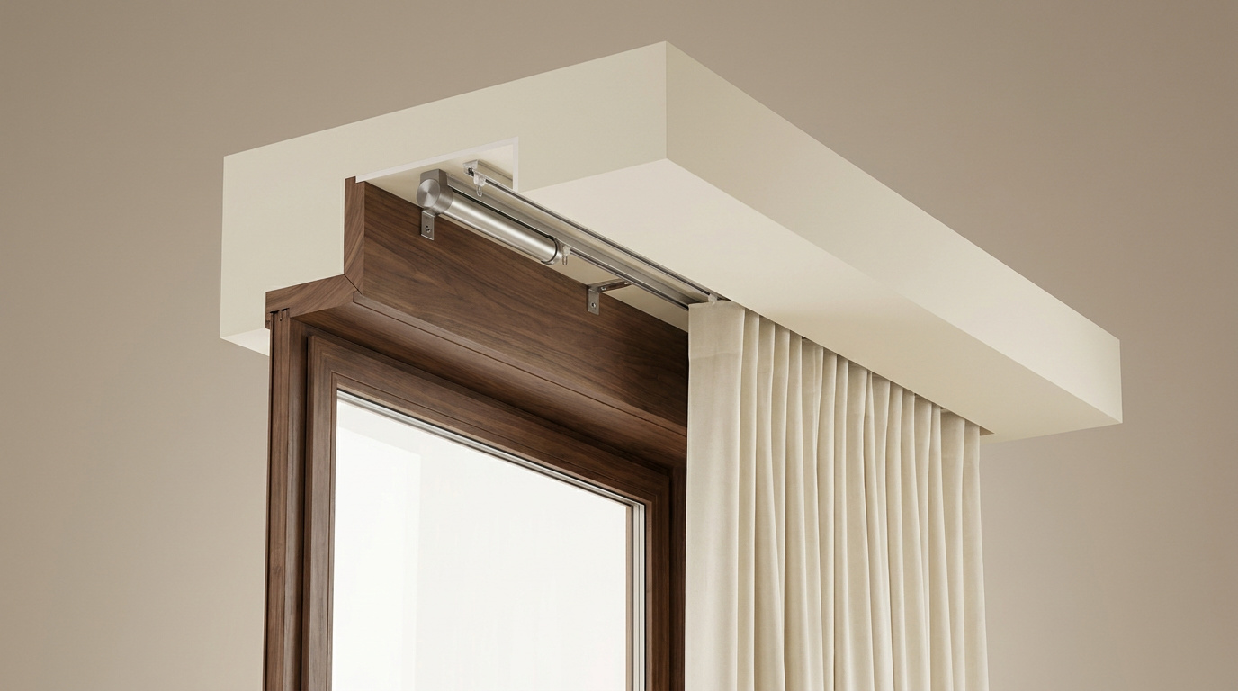 Cutaway of a ceiling-recessed pelmet (curtain box) above a window: the concealed curtain track, the tube motor at one end, and the curtain fabric hanging below.