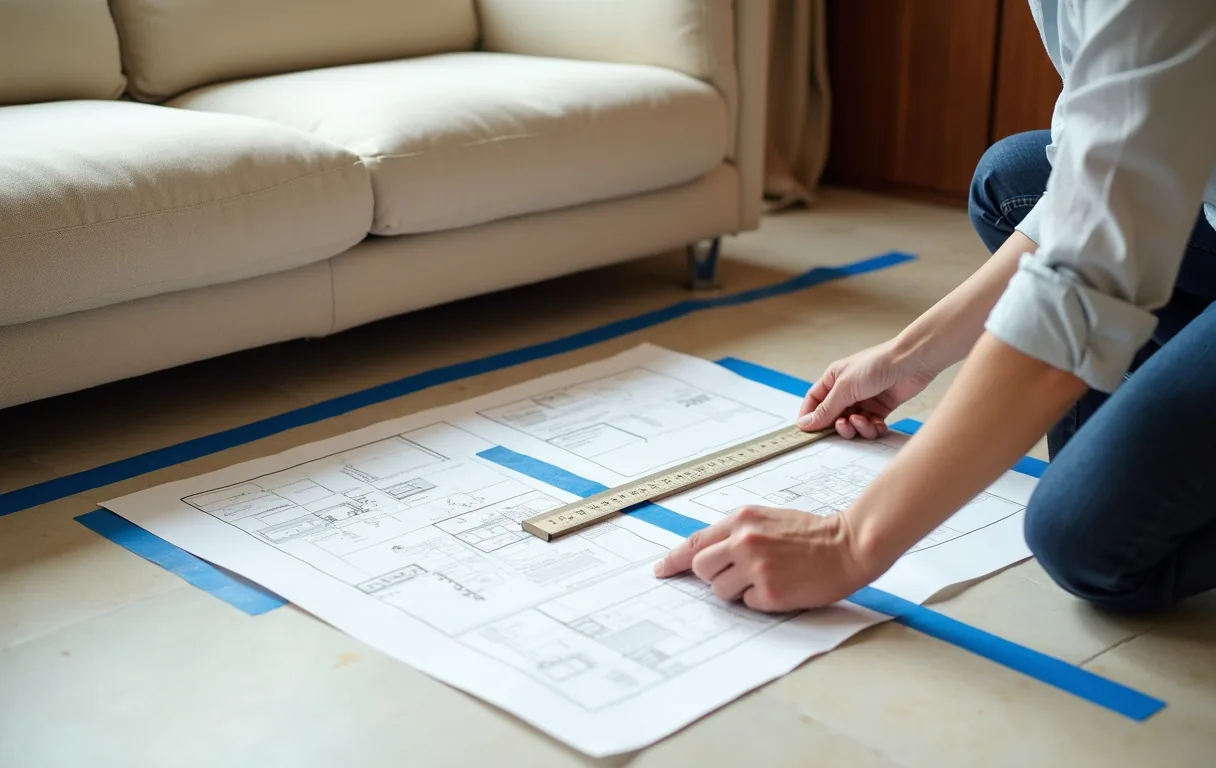 Marking a custom sofa's footprint on the floor of a Hong Kong flat with tape and a floor plan.