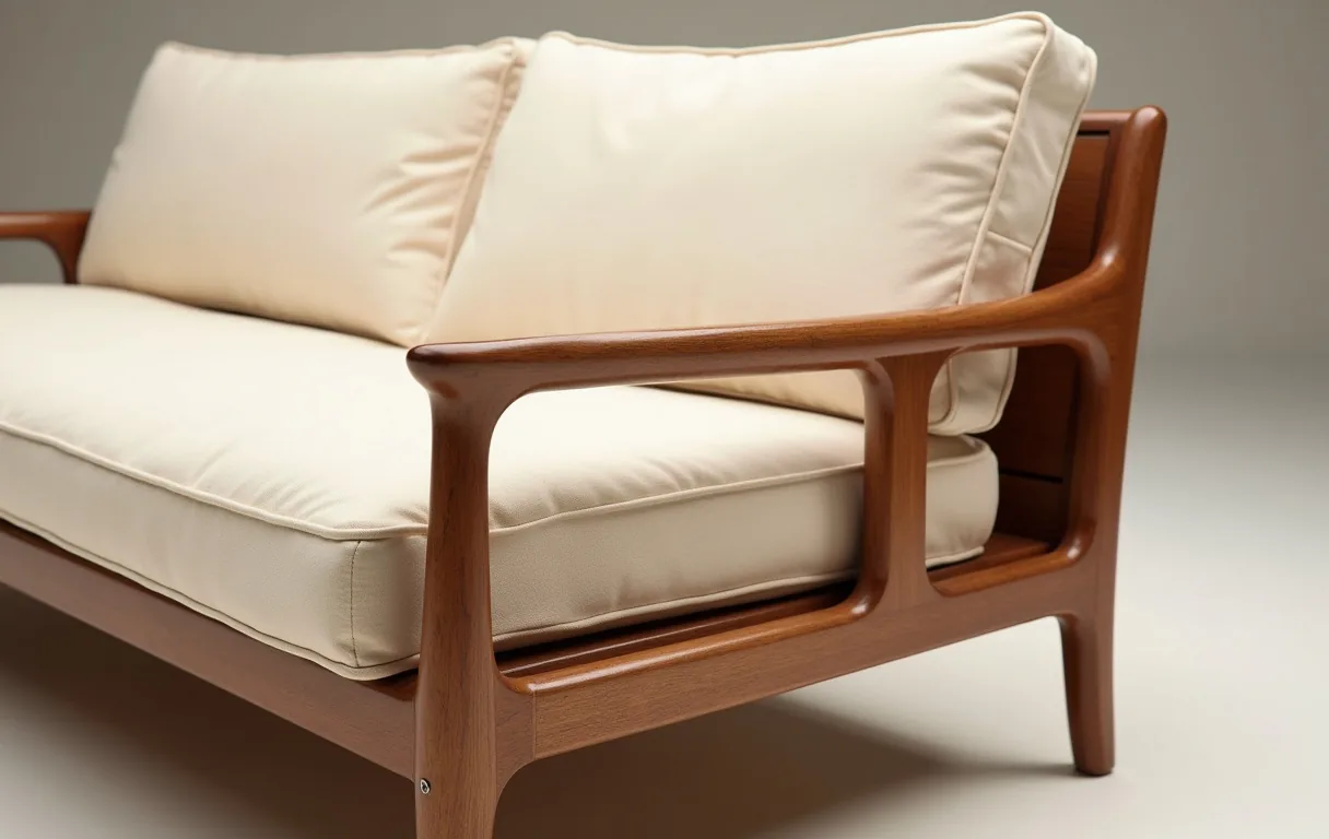 A bespoke sofa with a solid hardwood frame and cream cushions, showing the construction that lasts.