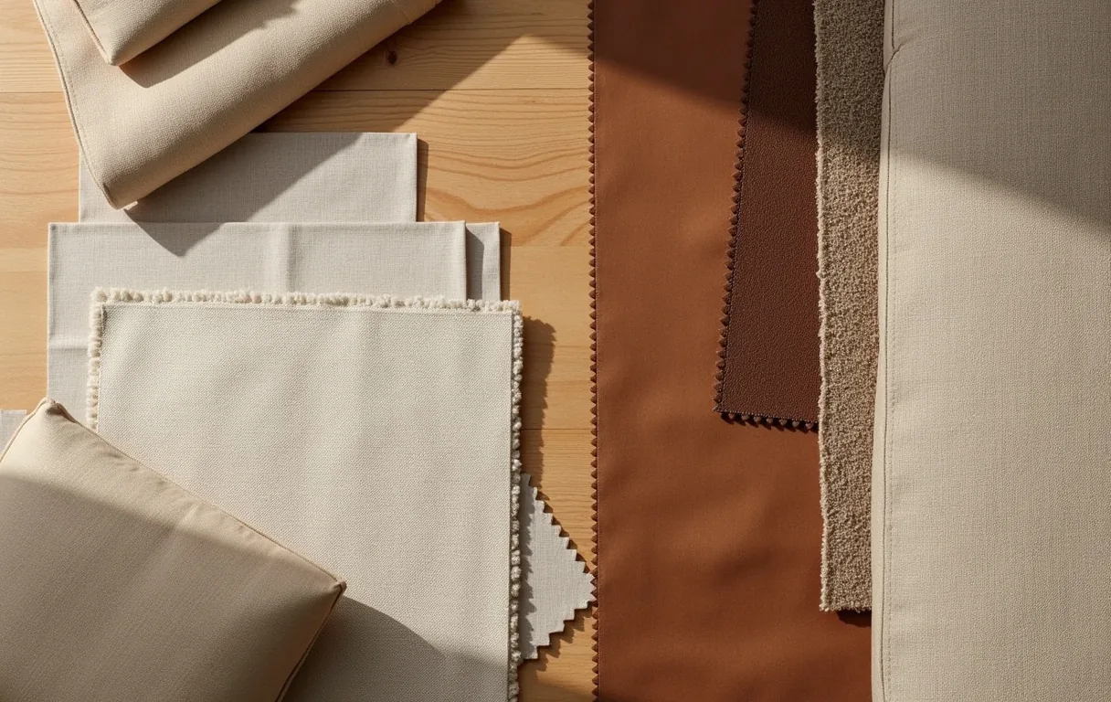 Fabric and leather upholstery swatches laid out to compare colour and texture for a custom sofa.