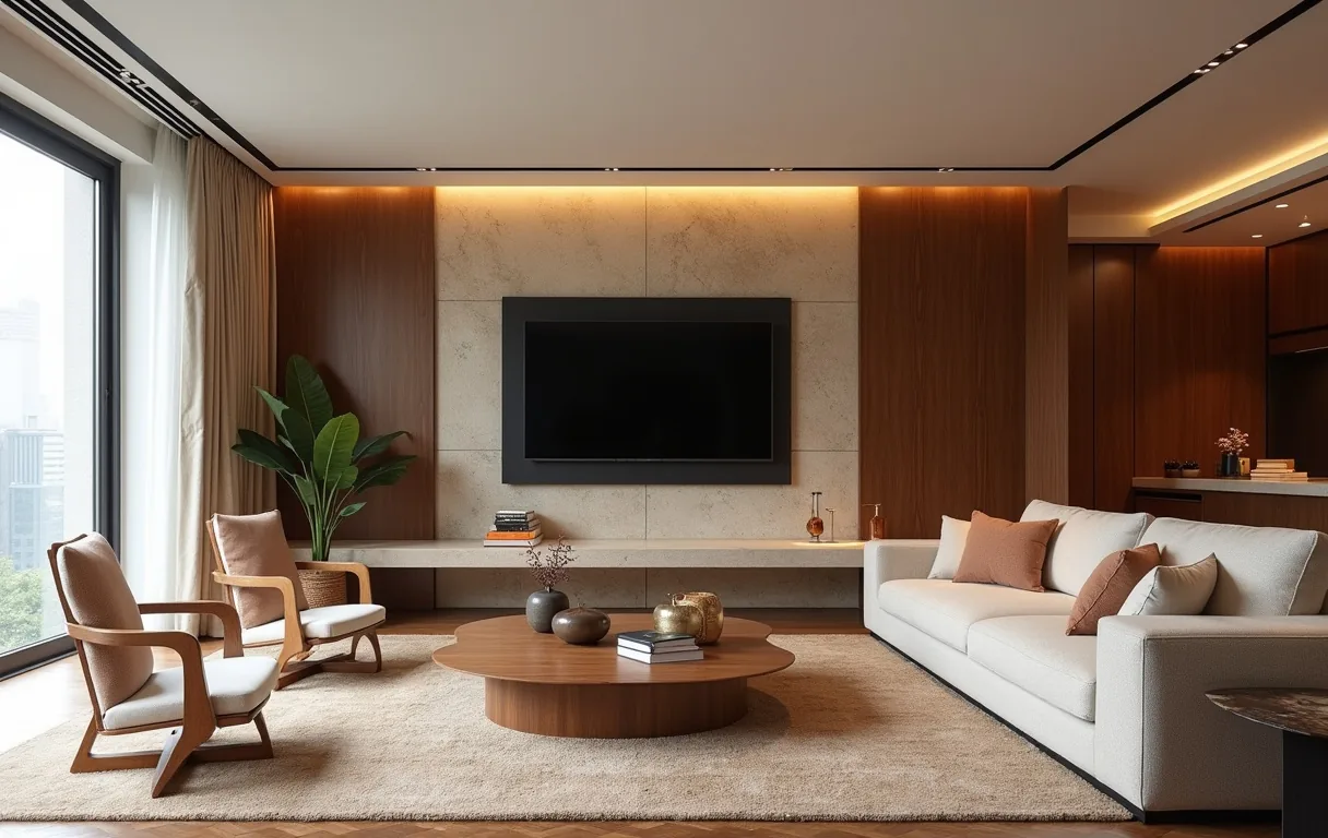 A warm Hong Kong living room designed around a bespoke sofa, coordinated with the coffee table, rug and lighting.