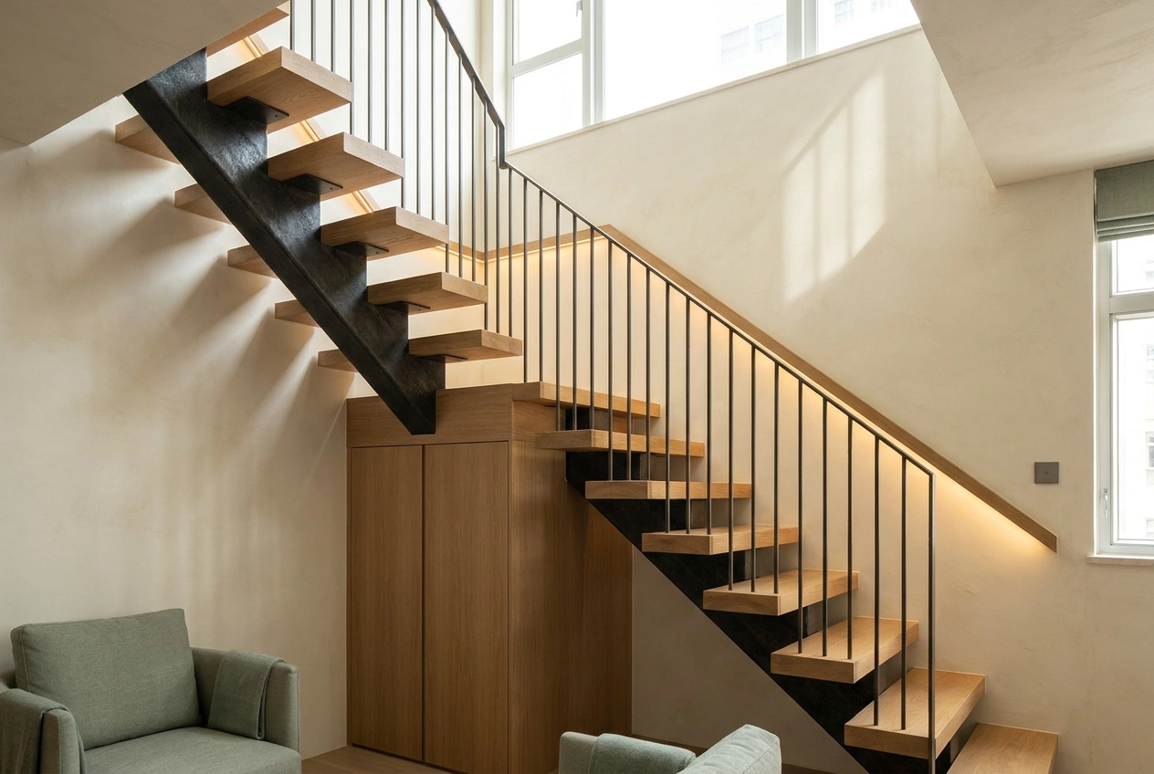 Sculptural internal staircase in a Hong Kong duplex with open oak treads, a slim black steel balustrade and concealed storage built into the wall beneath
