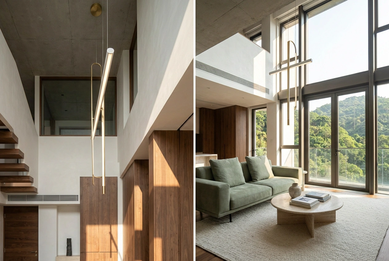 Double-height living void in a Hong Kong duplex with a tall window, a long linear pendant descending from the upper slab and a sage sofa below