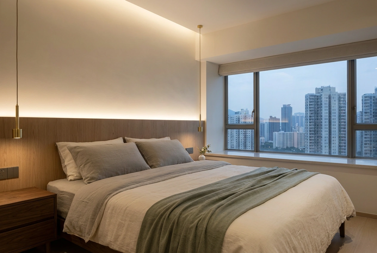 Quiet upper-floor master bedroom in a Hong Kong duplex with a low oak headboard wall, soft linen bedding and a city skyline through the window