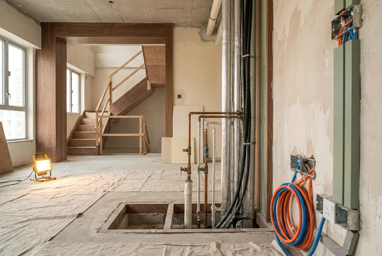 Renovation services stage in a Hong Kong duplex with a new plumbing riser and air-conditioning ducts routed up through an opening between two floor slabs