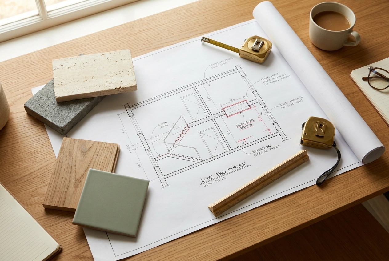 Designer reviewing a duplex sectional drawing showing the staircase and a new slab opening, with structural notes and material samples on the desk