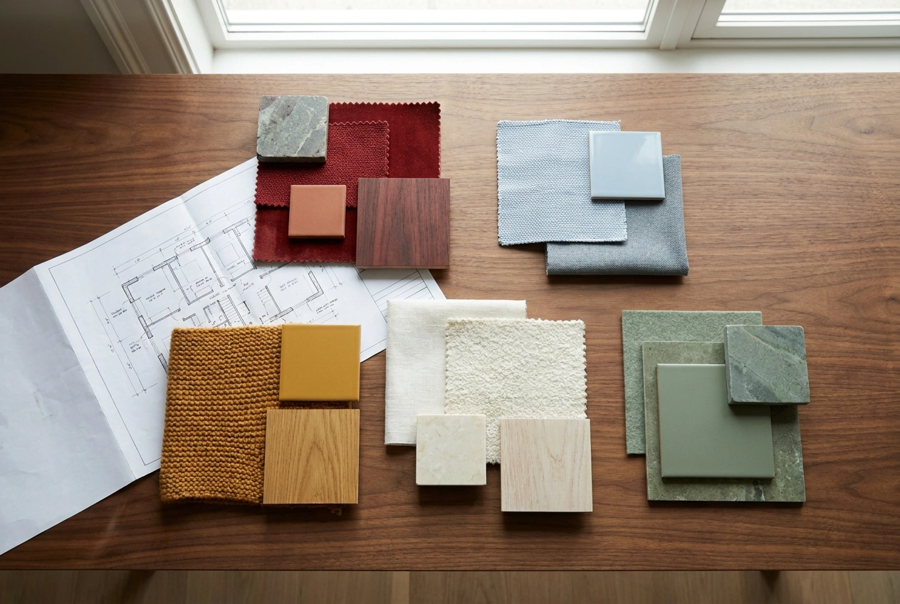 Interior material samples grouped into five colour families on a walnut table, laid over a floor plan