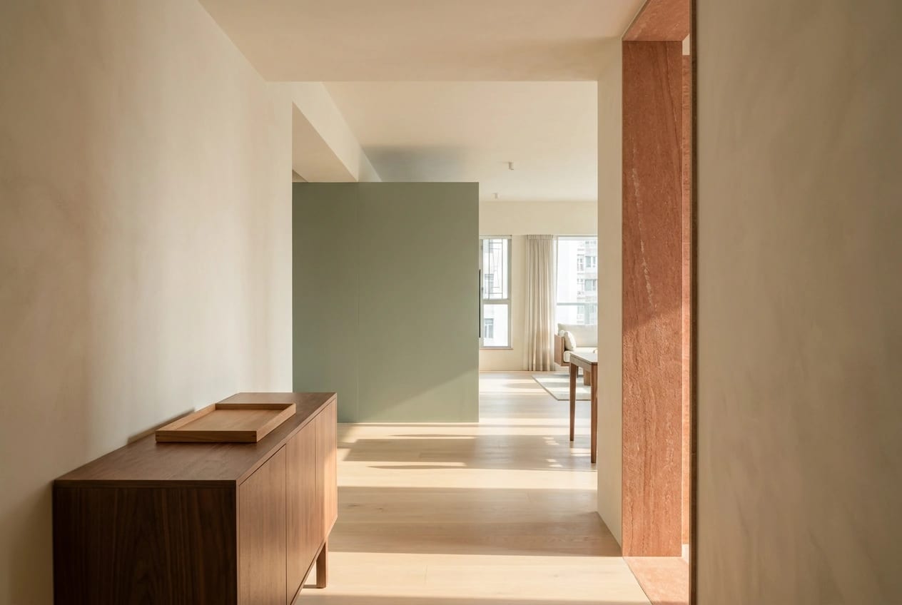 The entrance of a Hong Kong flat with an unobstructed path into a daylit living space, a walnut console and a warm stone panel framing the doorway