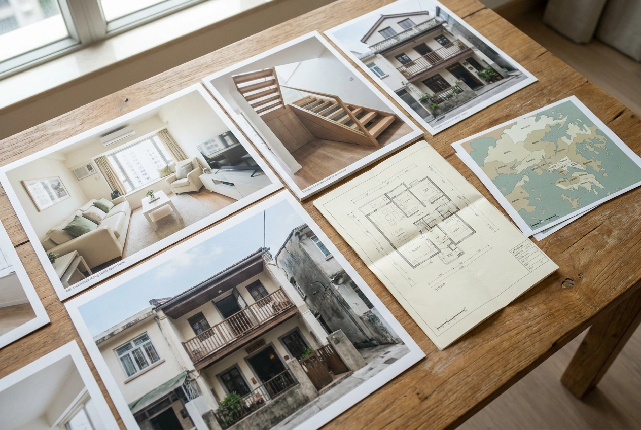 A designer's table spread with printed Hong Kong residential project photos of flats and a village house, sorted next to a floor plan and area map