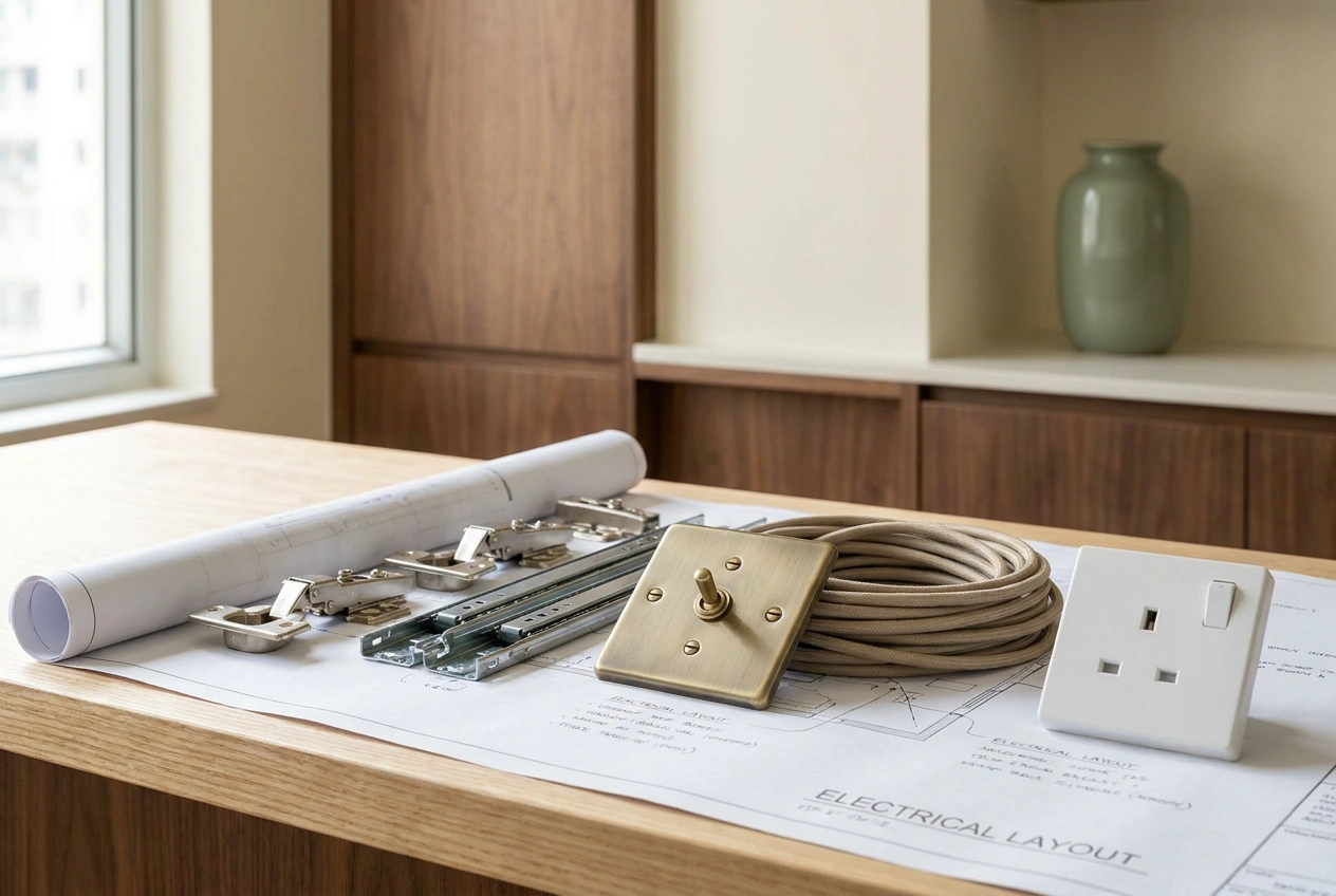 Close detailed view of cabinet hardware samples, a brushed-brass socket plate and joinery hinges laid on a workbench beside an electrical layout drawing
