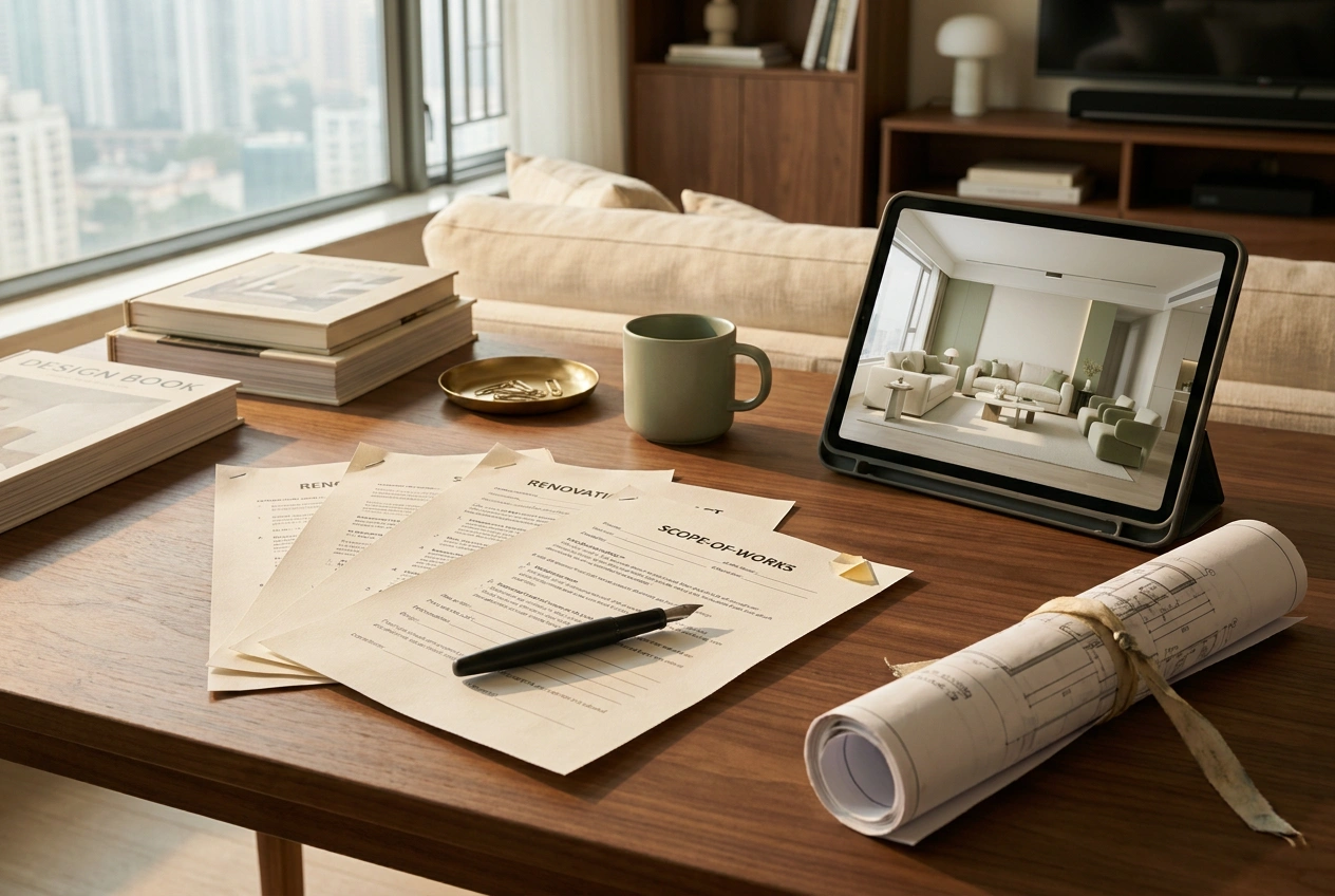 A printed renovation contract and scope-of-works document on a desk with a pen, beside a tablet showing a 3D rendering of a flat interior