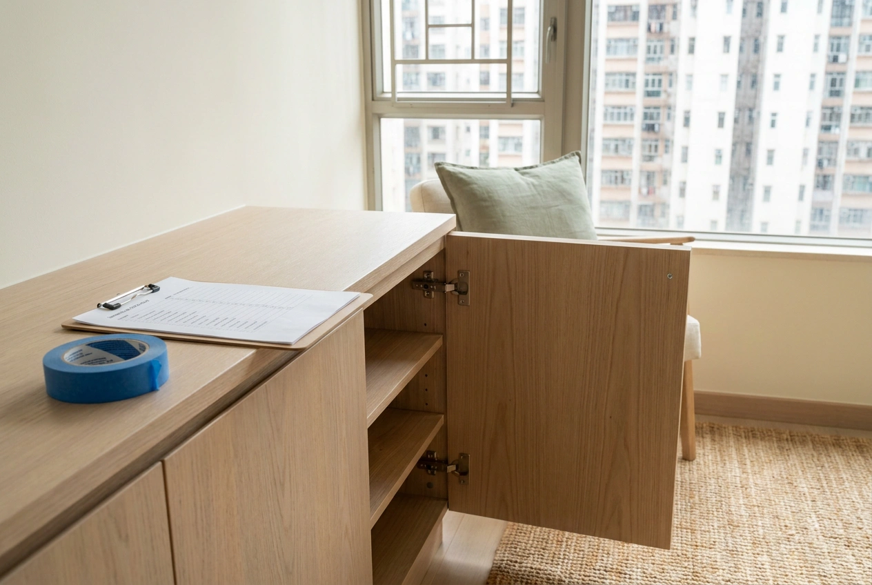 Snagging and handover walk-through detail in a finished Hong Kong flat, a hand-held checklist beside freshly painted joinery and a new cabinet door