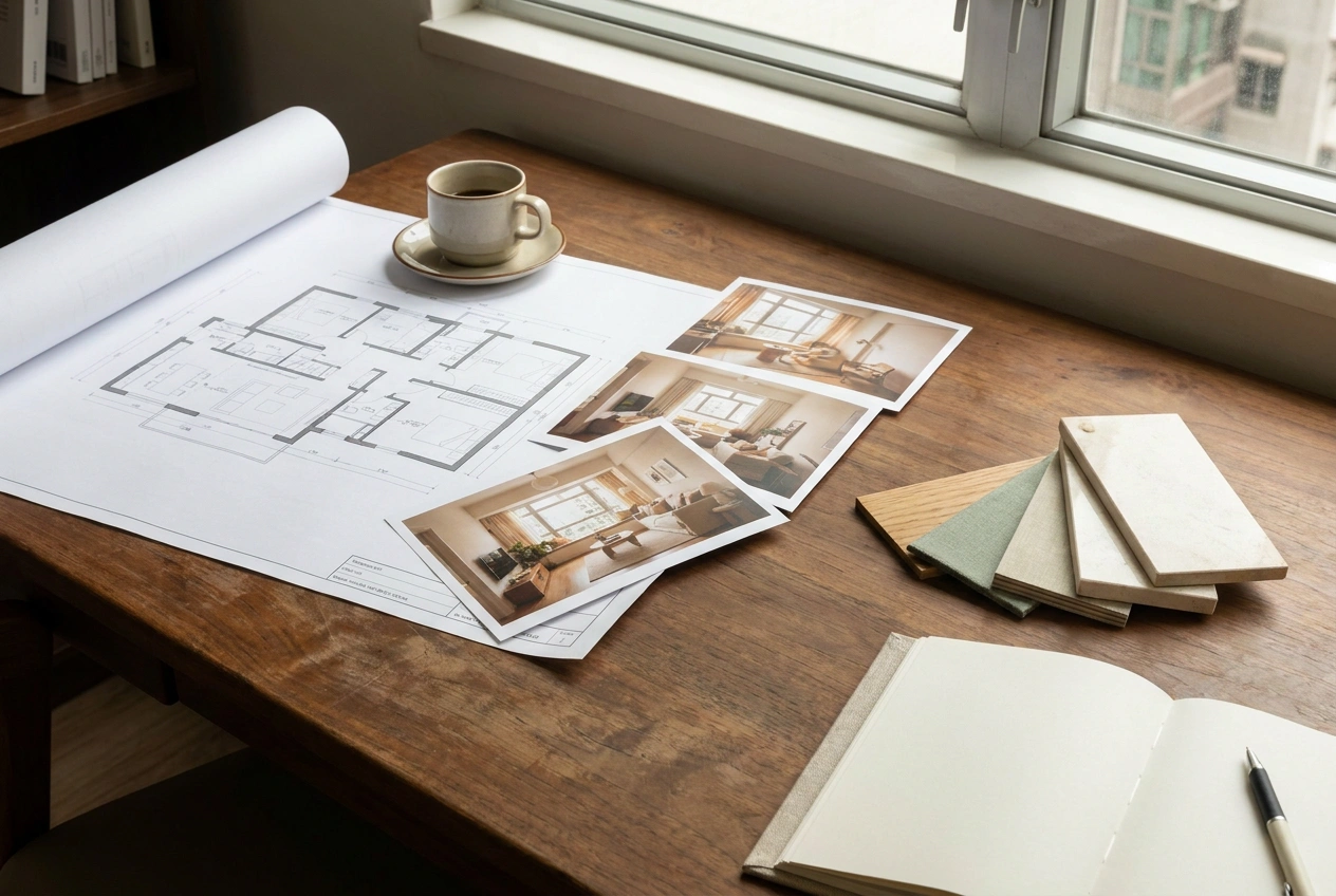A first-consultation table at a design studio with a client floor plan, three printed reference home photos and material swatches laid out for discussion