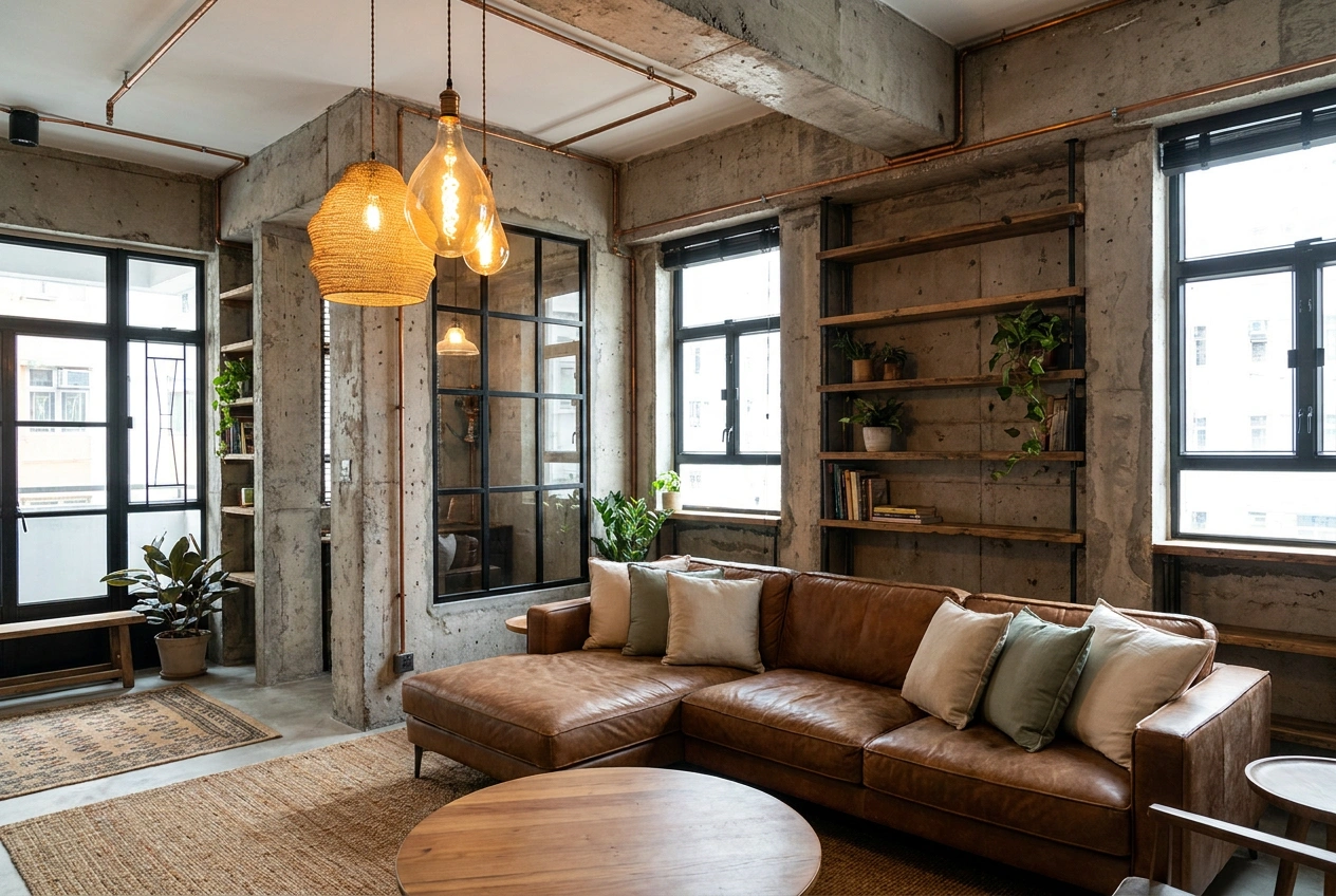 Industrial style Hong Kong living room with exposed concrete, black metal and aged timber giving a raw loft-like character