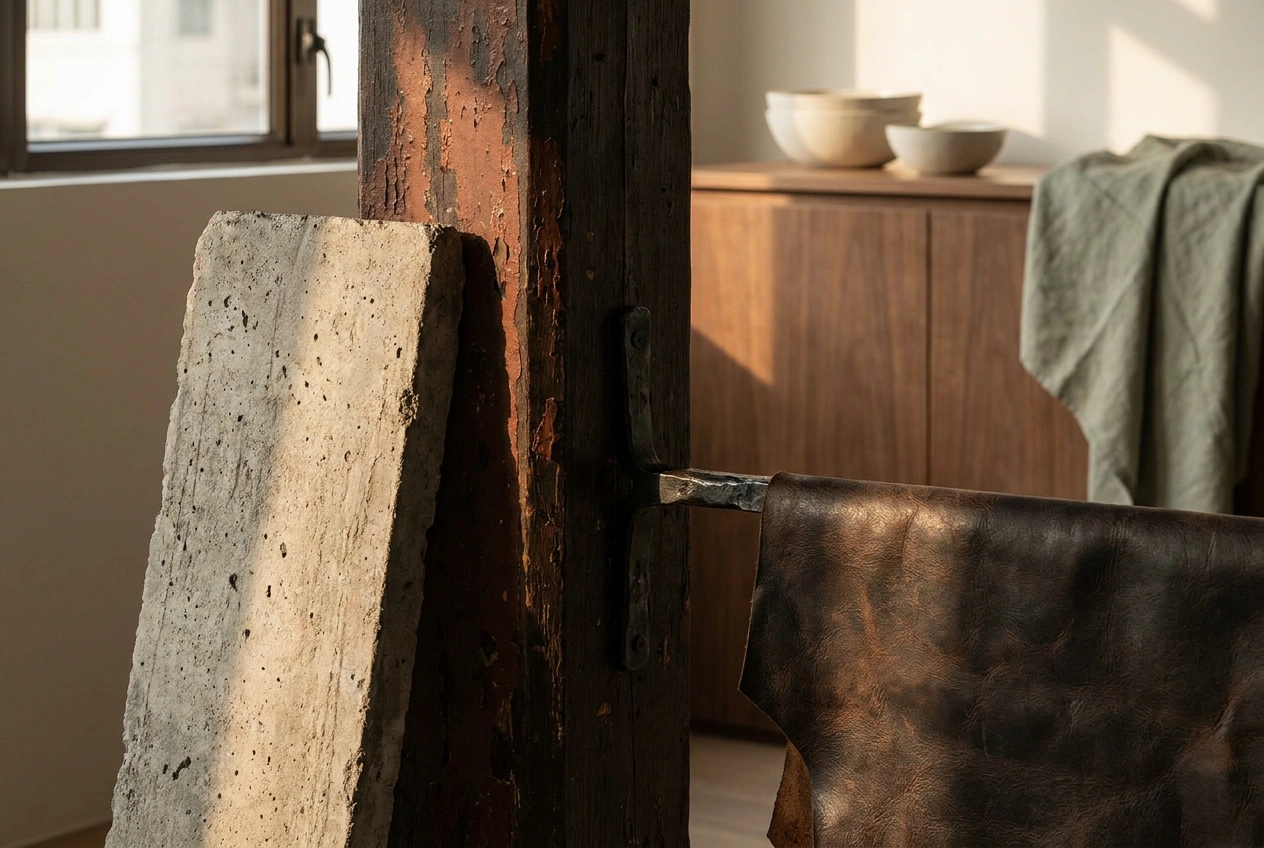Industrial material detail showing raw concrete, blackened metal, aged timber and leather in a dark earthy palette under warm light