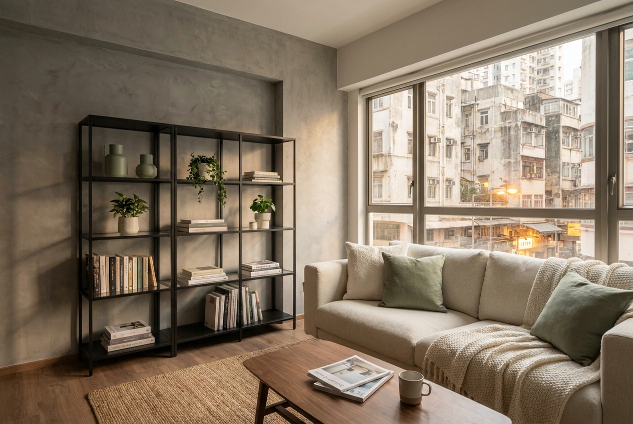 Compact Hong Kong flat using industrial style as an accent with one raw plaster wall balanced by warm timber and lighter surfaces