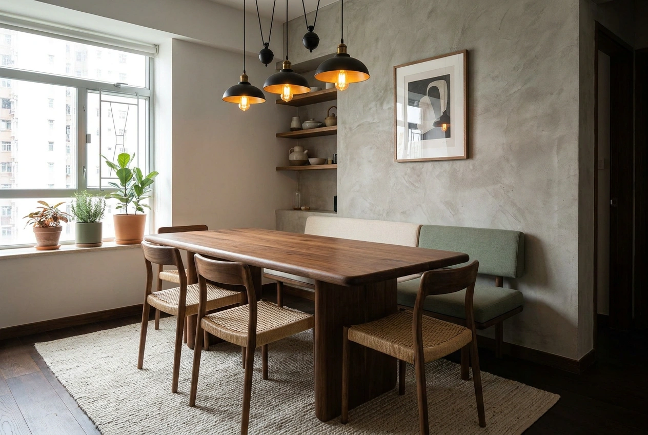 Industrial style Hong Kong dining area balancing concrete and black metal with warm timber and soft textiles to stay welcoming