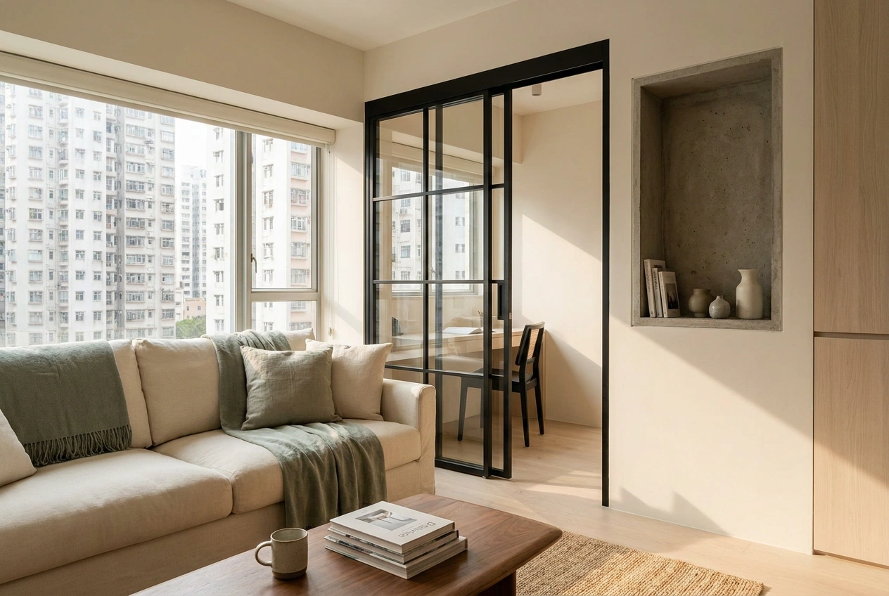 Minimalist Hong Kong interior with a single industrial accent of raw texture and black metal layered over clean lines and warm wood