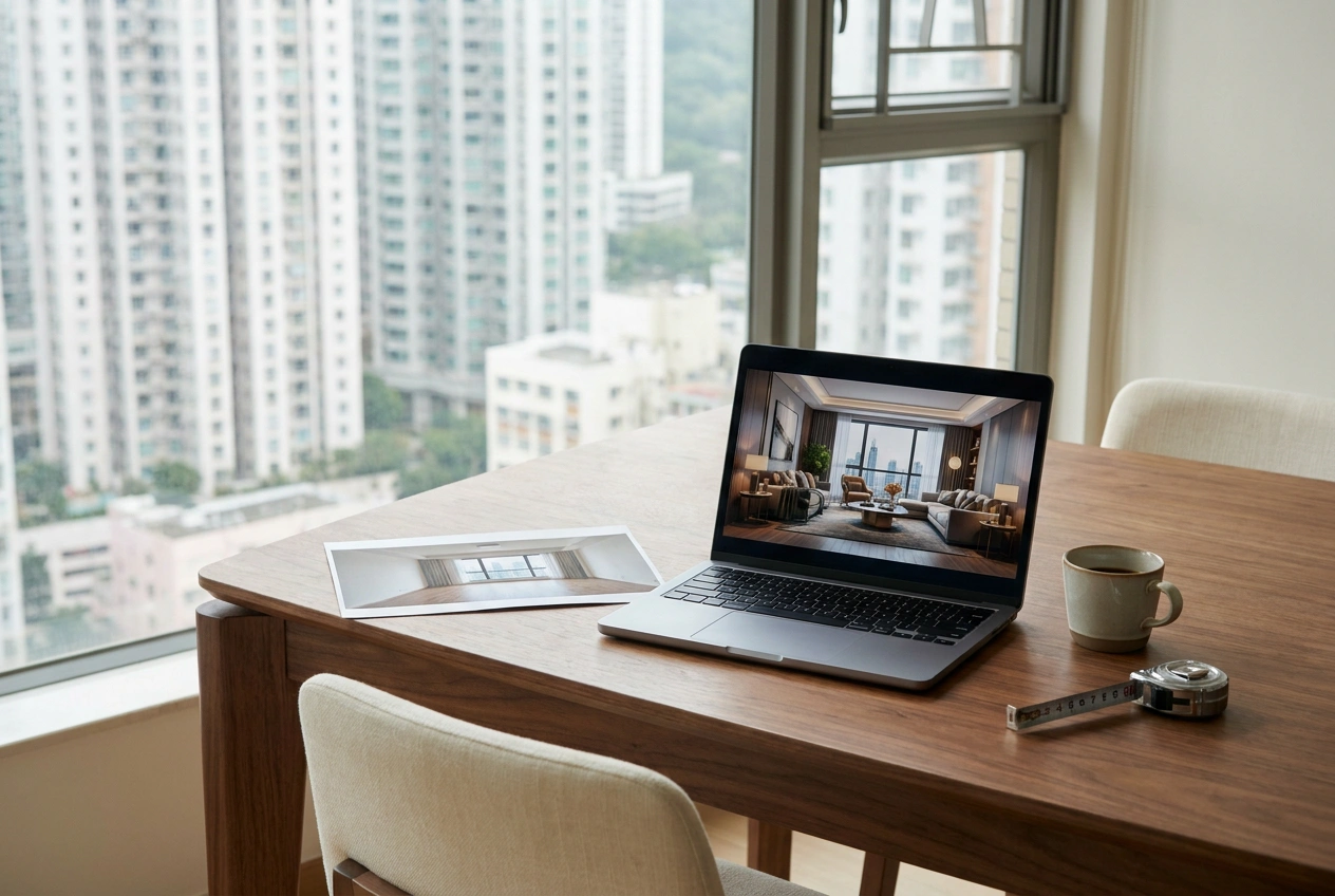 A laptop on a Hong Kong dining table showing an AI generated styled living room visual next to a real photo of the same empty room for comparison
