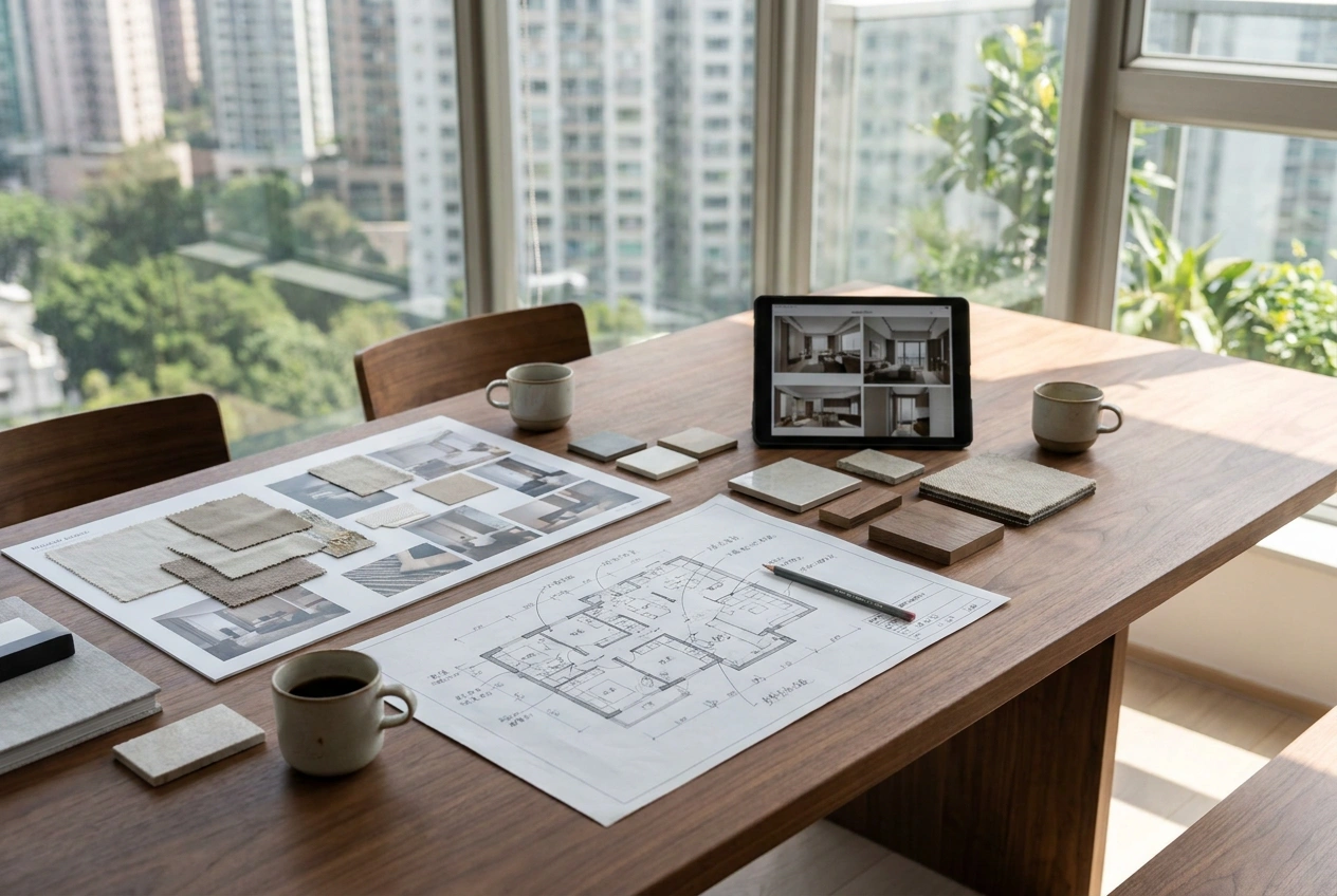 A first design meeting table in a Hong Kong studio with a rough floor plan, a printed mood board and tablet renders laid out ready to brief a designer