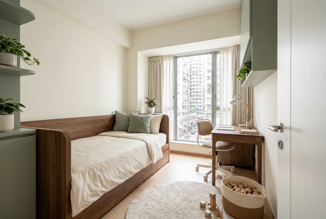 Children's room in a Hong Kong flat zoned into a bed against one wall, a desk by the window and a clear floor patch for play