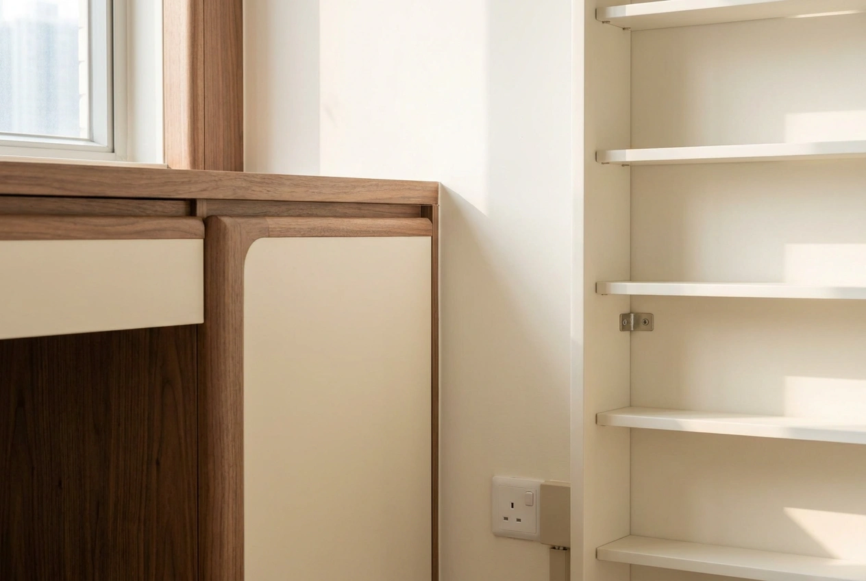 Child-safe Hong Kong bedroom detail with rounded cabinet corners, a tall bookshelf anchored to the wall and a covered socket