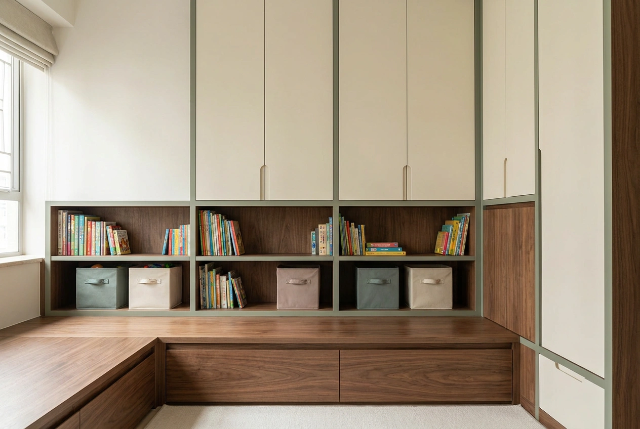 Built-in joinery in a Hong Kong kids' room with low reachable shelves for toys and higher storage, fitted to the exact wall