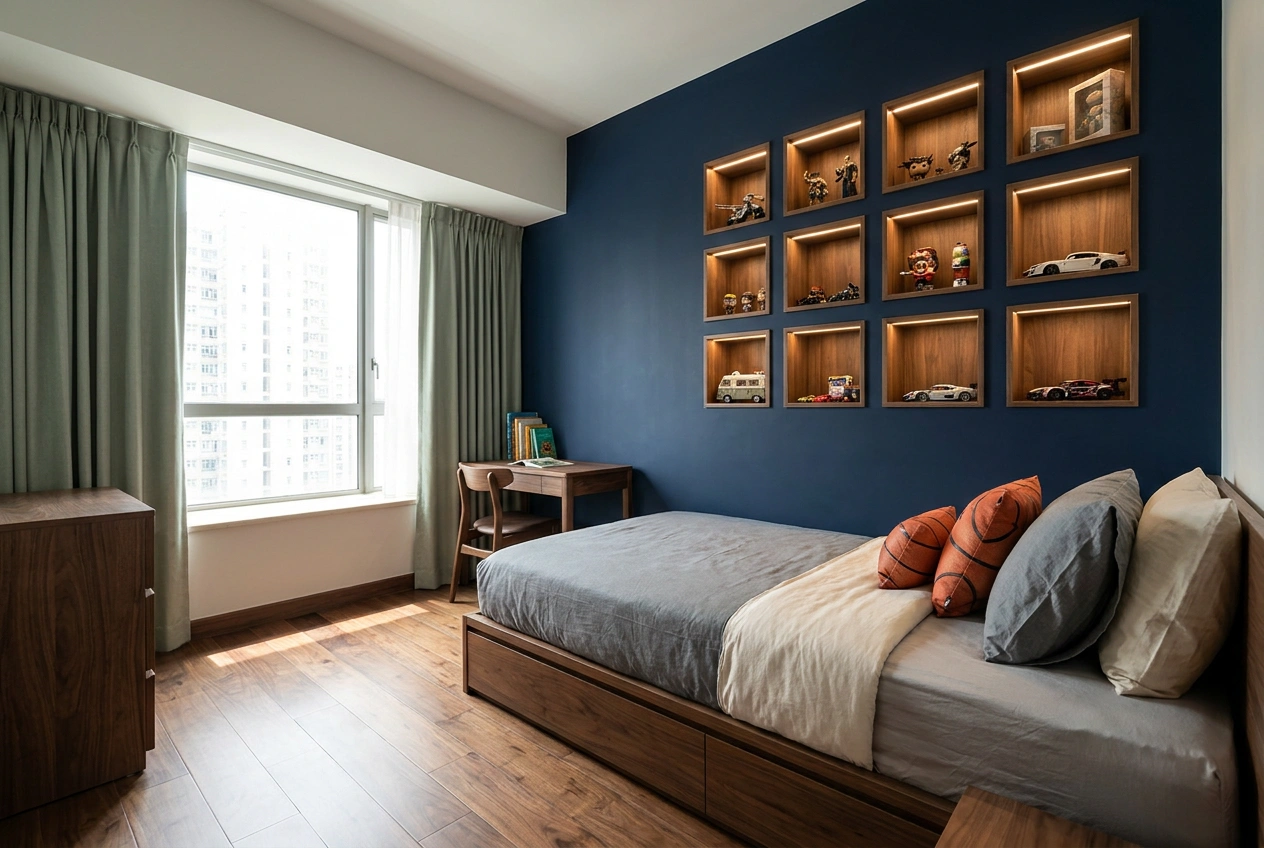 Boy's bedroom in a New Territories duplex with a deep navy wall, a grid of display niches for models and basketball-print cushions
