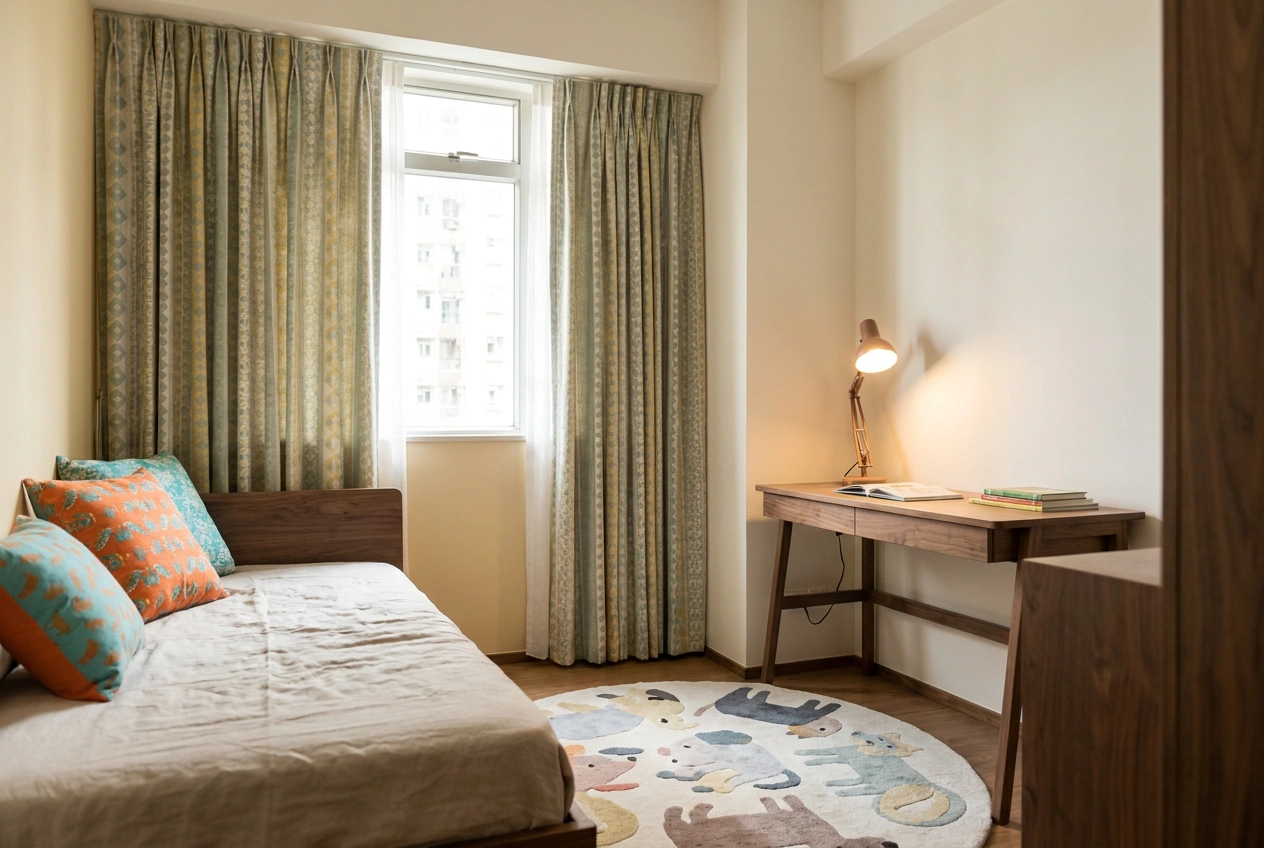 Hong Kong children's room with light calm walls and colour added through curtains, cushions and a rug, plus a desk task lamp