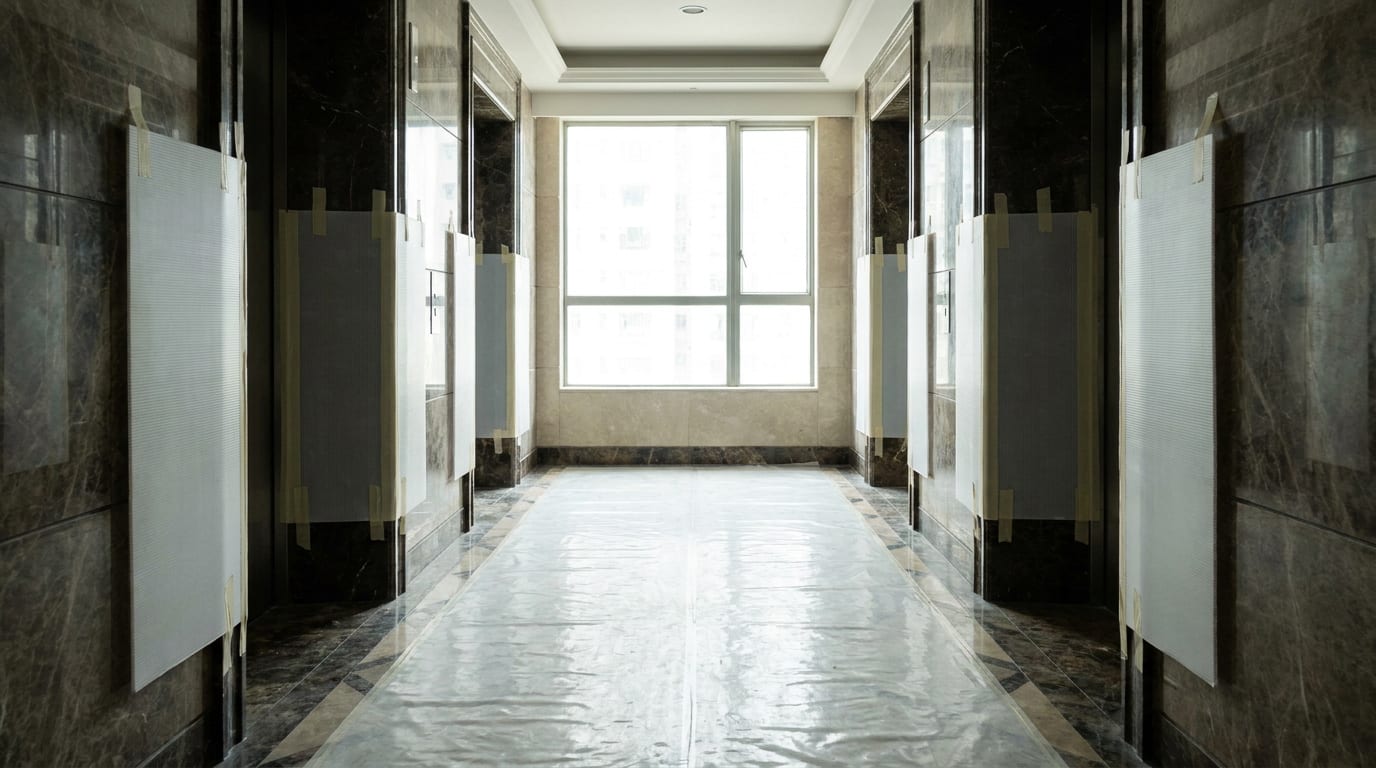 Protected lift lobby of an older Mid-Levels residential building prepared for renovation works