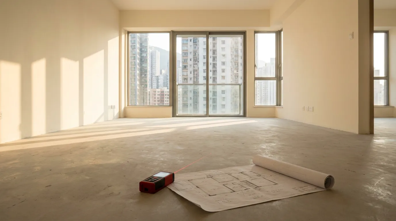 Empty freshly handed-over Hong Kong new flat with a floor plan and laser measure on the bare floor, ready for first renovation