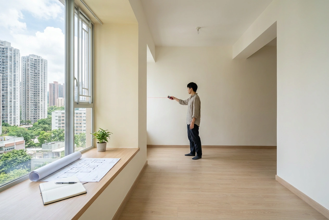 Empty freshly handed-over Hong Kong new flat with a floor plan and laser measure on the bare floor, ready for first renovation