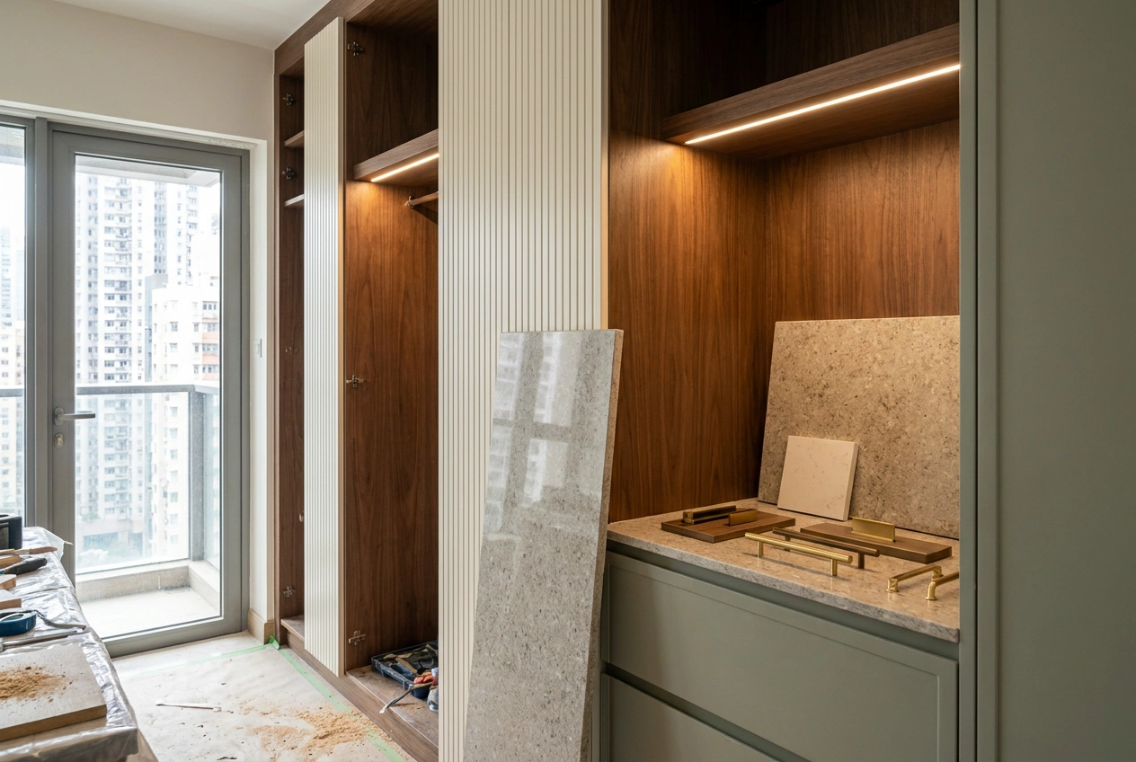 Custom wardrobe and kitchen joinery being fitted in a Hong Kong new flat, showing fluted cabinet fronts, stone counter samples and a fitter adjusting a door