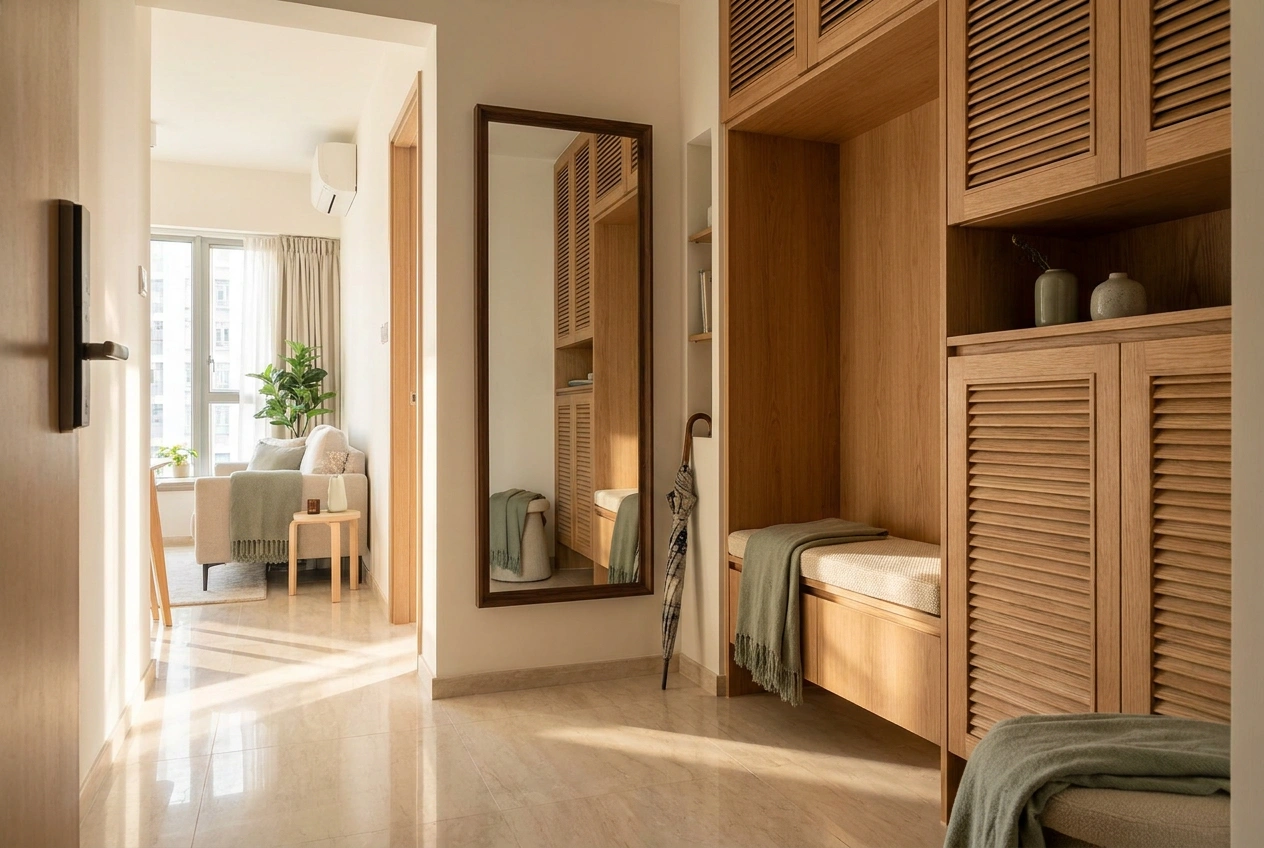 Reworked entry foyer in a Hong Kong new flat with a full-height shoe cabinet, bench seat and a slim mirror, the original developer flooring kept
