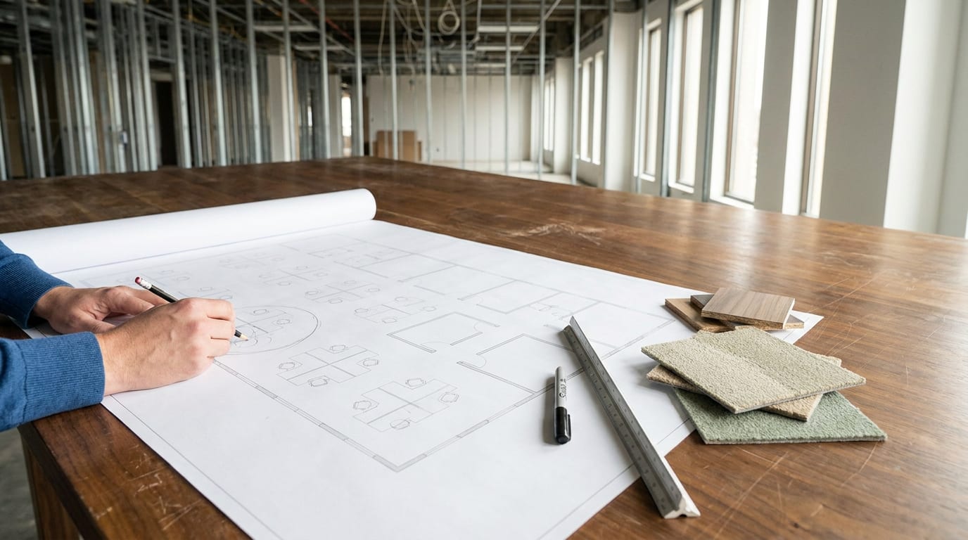 An office test-fit space plan marked up on a meeting table with a scale rule and carpet samples, a half-built open-plan office behind