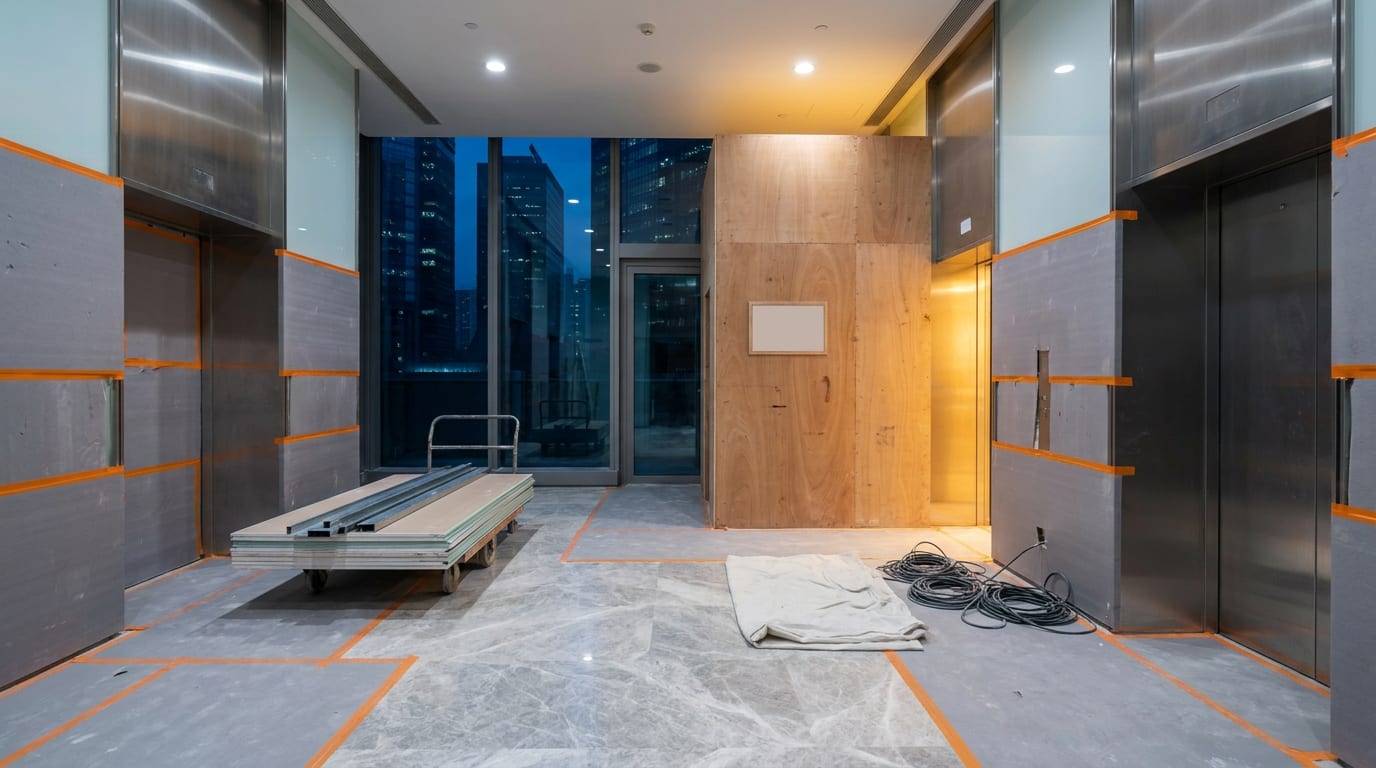 Lift lobby of a Grade-A Hong Kong office tower protected with boards and tape for an after-hours fit-out, materials trolley beside the goods lift