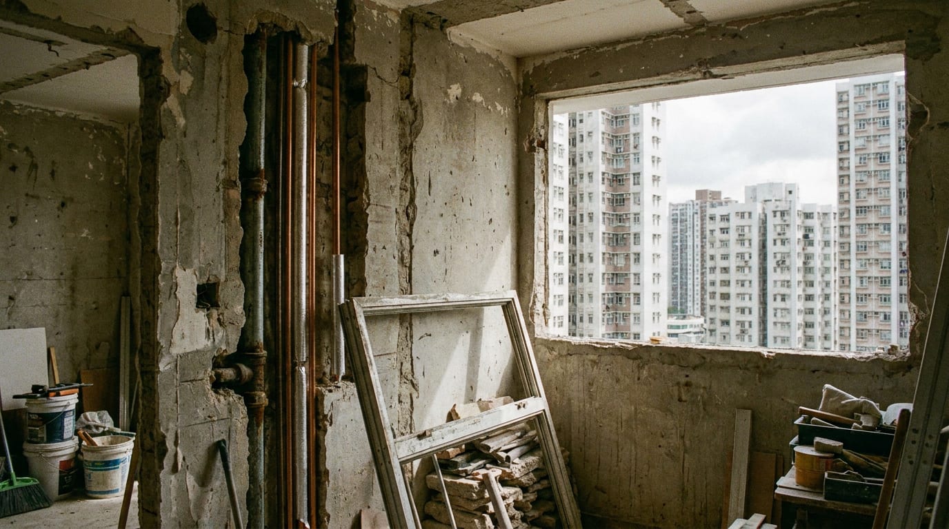 A Hong Kong flat stripped back during full renovation, with old galvanised pipework exposed and an aluminium window removed