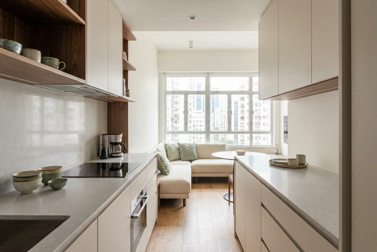 Open kitchen in a Hong Kong flat with the partition removed, daylight reaching from the living area into the cooking zone