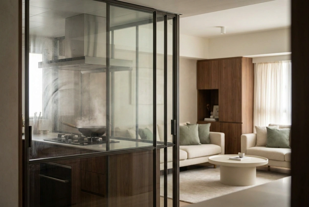 Semi-open Hong Kong kitchen with a glass sliding partition that closes to contain cooking smoke and opens for everyday flow