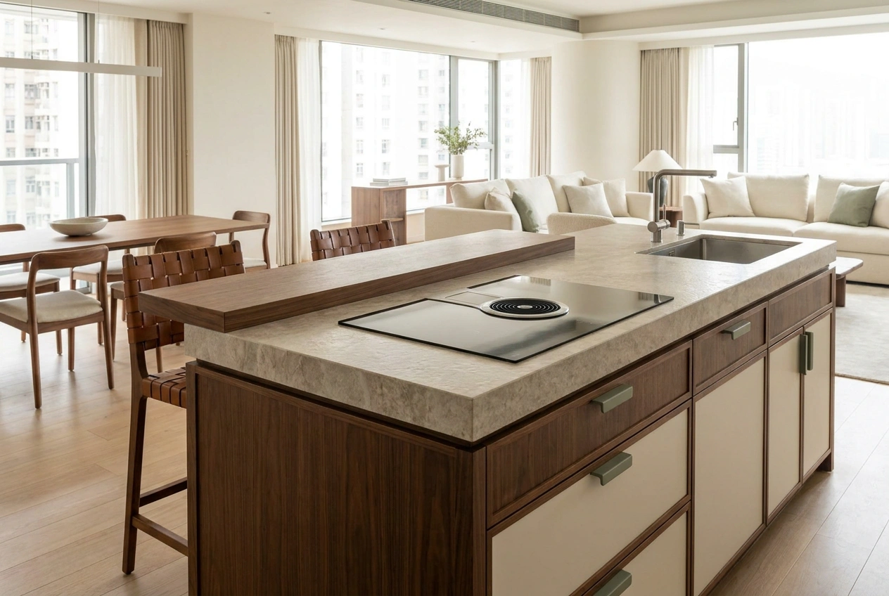 Stone-topped kitchen island in an open Hong Kong layout, cooking and sink on one side, breakfast bar seating on the other