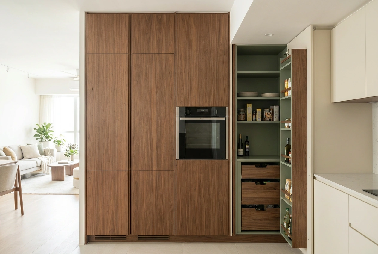 Open Hong Kong kitchen with tall handleless cabinets to the ceiling and integrated appliances keeping the worktop clear