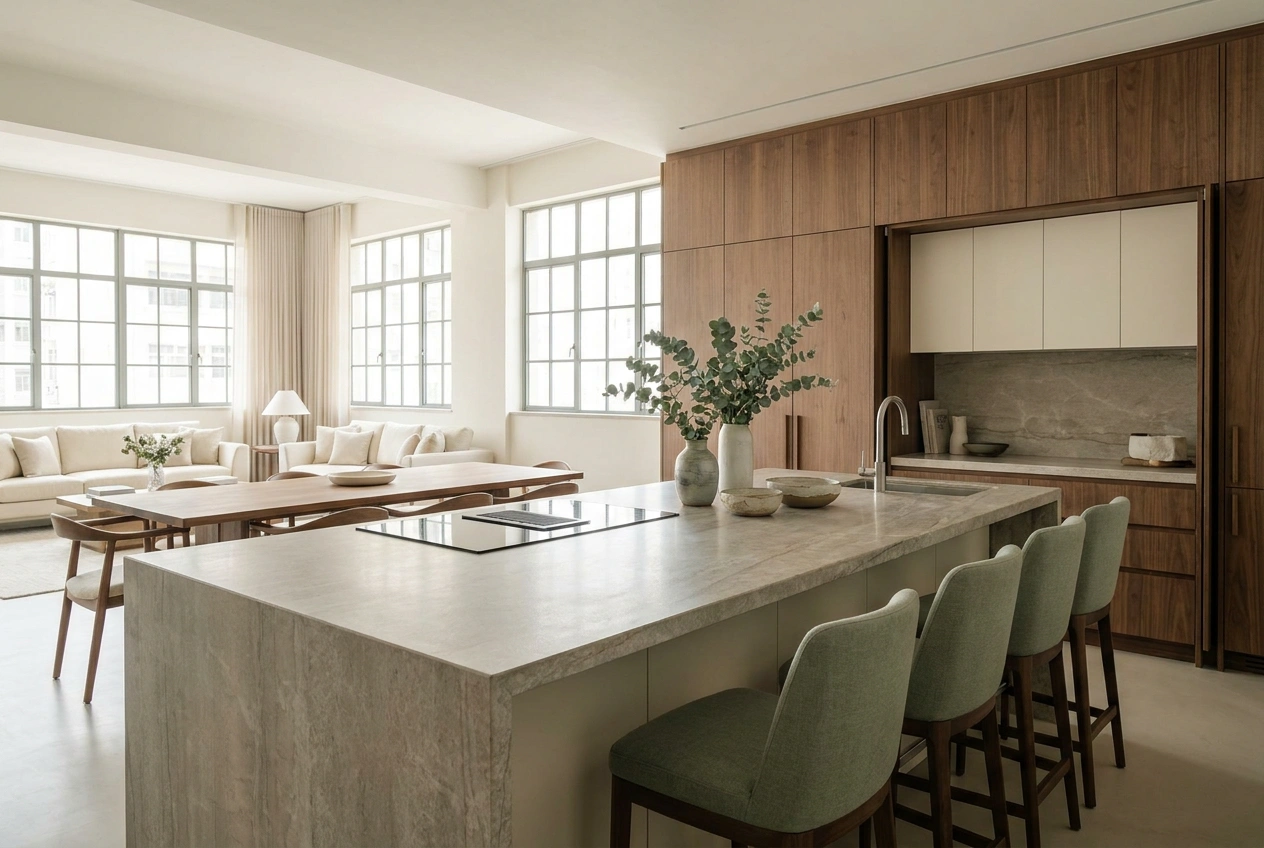 Island open kitchen at a Tin Hau Temple Road flat with a stone worktop facing the dining and living area and daylight from big windows