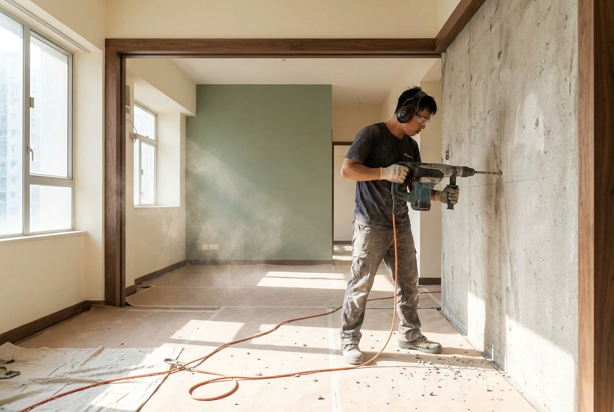 A worker using a powered drill into a concrete wall in a Hong Kong flat under renovation, dust and cabling around the percussive work