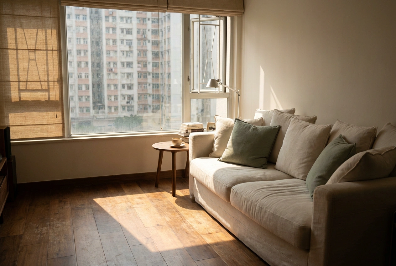 A quiet Hong Kong residential flat on a calm weekend morning with sunlight on the floor, contrasted against the idea of paused noisy renovation work
