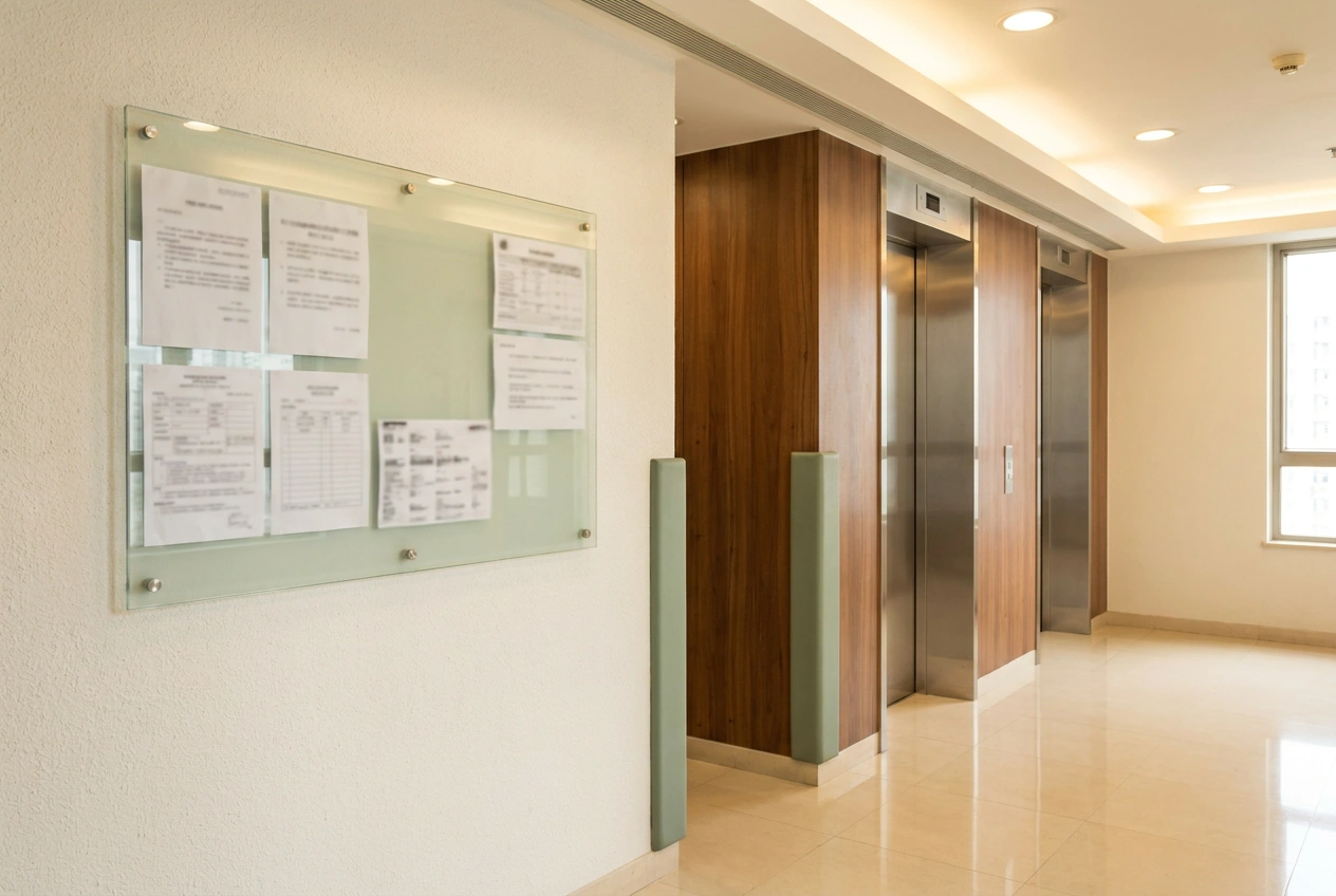 A building management notice board in a Hong Kong residential lobby listing renovation house rules and permitted working hours beside the lift