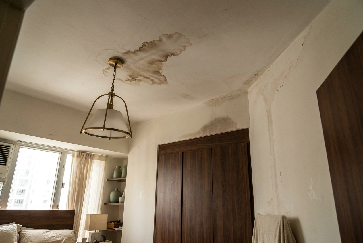 A water stain spreading across a ceiling in a neighbouring Hong Kong flat below renovation works, illustrating third-party water damage risk