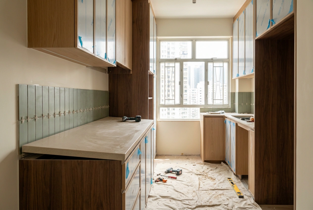 A near-finished Hong Kong kitchen mid-fit-out with new cabinetry and a stone worktop partly installed, protective film still on the surfaces